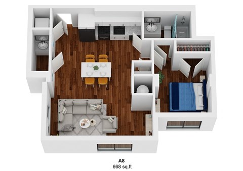 a 3d rendering of a bedroom floor plan with a living room and dining room
